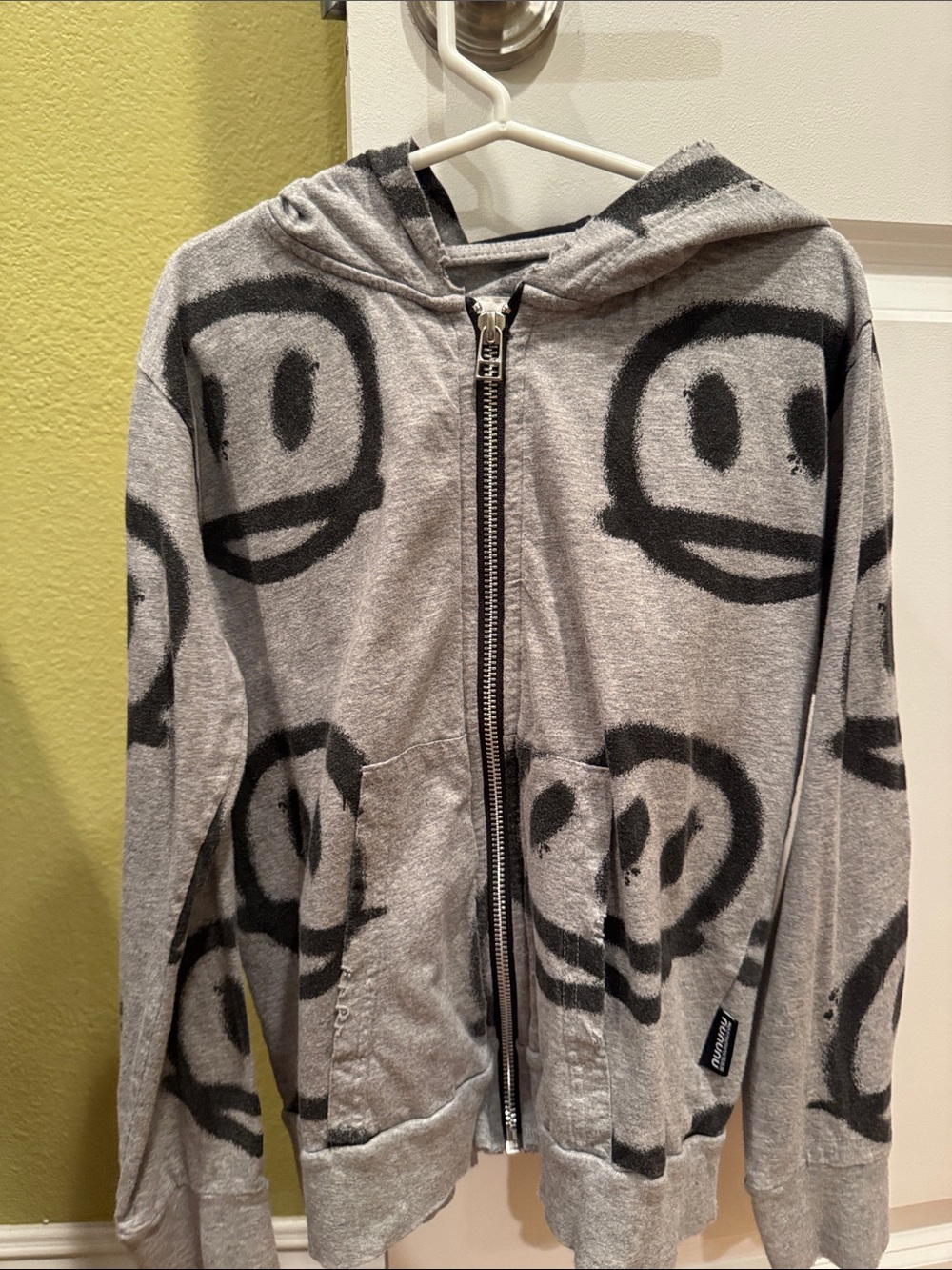nununu Gray Zip Hoodie with Black Smiley Print